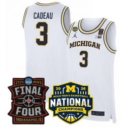 Men Michigan Wolverines  3 Elliot Cadeau White 2025 26 Final Four   National Champions Patch Stitched Basketball Jersey