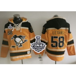 Men Pittsburgh Penguins 58 Kris Letang Gold Sawyer Hooded Sweatshirt 2017 Stanley Cup Final Patch Stitched NHL Jersey