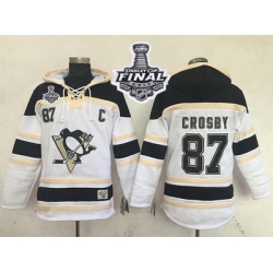 Men Pittsburgh Penguins 87 Sidney Crosby White Sawyer Hooded Sweatshirt 2017 Stanley Cup Final Patch Stitched NHL Jersey