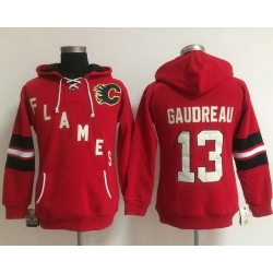 Calgary Flames 13 Johnny Gaudreau Red Women Old Time Heidi NHL Hoodie