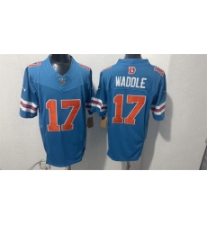 Men Denver Broncos  17 Jaylen Waddle Blue F U S E  With Patch Throwback Vapor Limited Stitched Football Jersey