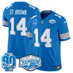 Men Detroit Lions 14 Amon Ra St  Brown Blue 2024 NFC North Champions 90th Anniversary Patch F U S E  Vapor Limited Stitched Jersey