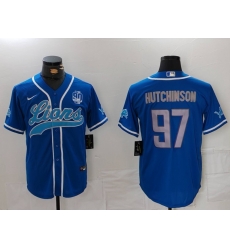 Men Detroit Lions 97 Aidan Hutchinson Blue With 90th Anniversary Patch Cool Base Stitched Baseball Jersey