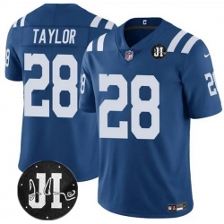 Men Indianapolis Colts 28 Jonathan Taylor Blue Jim Irsay Patch Vapor Stitched Jersey