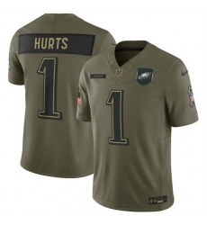 Men Philadelphia Eagles 1 Jalen Hurts Olive 2025 Salute to Service Limited Stitched Football Jersey