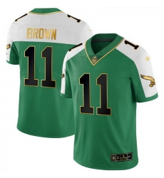 Men Philadelphia Eagles  11 A J  Brown Kelly Green Alternate Gold Stitched Football Jersey