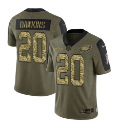 Men Philadelphia Eagles 20 Brian Dawkins 2021 Salute To Service Olive Camo Limited Stitched Jersey