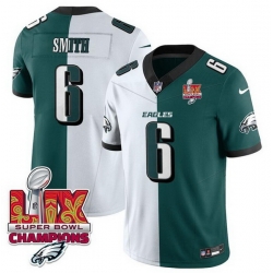 Men Philadelphia Eagles 6 DeVonta Smith White Green Split 2025 Super Bowl LIX Champions Patch F U S E  Vapor Untouchable Limited Stitched Football Jersey