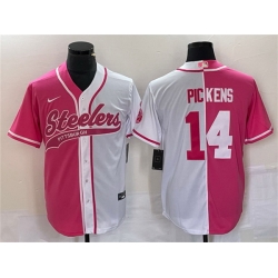 Men Pittsburgh Steelers 14 George Pickens White Pink Split Cool Base Stitched Baseball Jersey