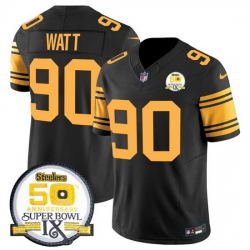 Men Pittsburgh Steelers 90 T J Watt Black 2024 F U S E 50th Anniversary Of Super Bowl IX Color Rush Limited Stitched Jersey