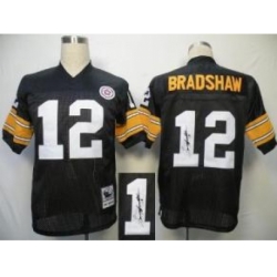 Pittsburgh Steelers 12 Bradshaw Black Throwback M&N Signed NFL Jerseys