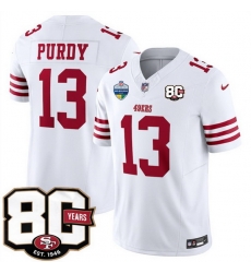 Men San Francisco 49ers 13 Brock Purdy White 80th Anniversary And Melbourne Game Patch 2026 F U S E Vapor Untouchable Limited Stitched Football Jersey Men San Francisco 49ers 13 Brock Purdy White 80th Anniversary And Melbourne Game Patch 2026 F U S E Vapor Untouchable Limited Stitched Football Jersey