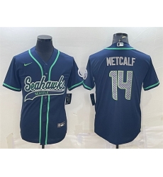 Men Seattle Seahawks 14 DK Metcalf Navy With Patch Cool Base Stitched Baseball Jersey