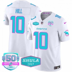 Men Miami Dolphins 10 Tyreek Hill White F U S E With 347 Shula Patch And 50th Perfect Season Patch Vapor Limited Stitched Football Jersey