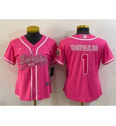 Women Miami Dolphins 1 Tua Tagovailoa Pink With Patch Cool Base Stitched Baseball Jersey