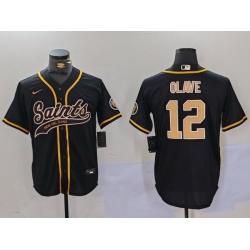 Men New Orleans Saints 12 Chris Olave Black Cool Base Stitched Baseball Jersey1