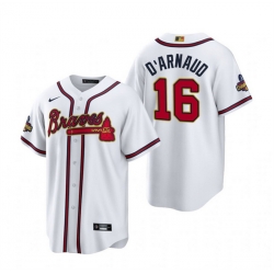 Men Atlanta Braves 16 Travis D'Arnaud White 2022 23 Gold Cool Base Stitched Baseball Jersey