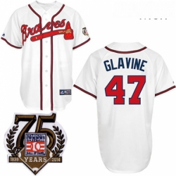 Mens Majestic Atlanta Braves 47 Tom Glavine Replica White w75th Anniversary Commemorative Patch MLB Jersey