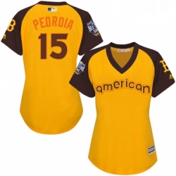 Womens Majestic Boston Red Sox 15 Dustin Pedroia Authentic Yellow 2016 All Star American League BP Cool Base MLB Jersey