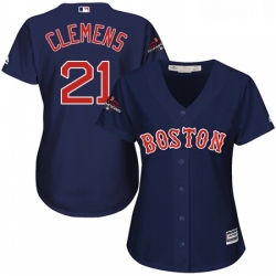 Womens Majestic Boston Red Sox 21 Roger Clemens Authentic Navy Blue Alternate Road 2018 World Series Champions MLB Jersey