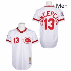 Mens Mitchell and Ness Cincinnati Reds 13 Dave Concepcion Replica White Throwback MLB Jersey