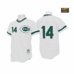 Mens Mitchell and Ness Cincinnati Reds 14 Pete Rose Replica WhiteGreen Patch Throwback MLB Jersey