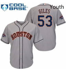 Youth Majestic Houston Astros 53 Ken Giles Replica Grey Road 2017 World Series Champions Cool Base MLB Jersey 