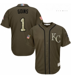 Mens Majestic Kansas City Royals 1 Ryan Goins Replica Green Salute to Service MLB Jersey 