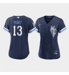 Women Kansas City Royals 13 Salvador Perez 2022 Navy City Connect Cool Base Stitched Jersey