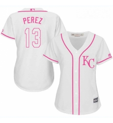 Womens Majestic Kansas City Royals 13 Salvador Perez Replica White Fashion Cool Base MLB Jersey