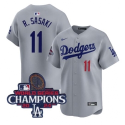 Men Los Angeles Dodgers 11 Roki Sasaki Grey 2024 World Series Champions Limited Stitched Baseball Jersey