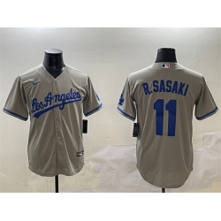 Men Los Angeles Dodgers 11 Roki Sasaki Grey Cool Base Stitched Baseball Jersey 1