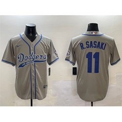 Men Los Angeles Dodgers 11 Roki Sasaki Grey With Patch Cool Base Stitched Baseball Jersey