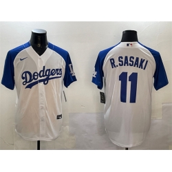 Men Los Angeles Dodgers 11 Roki Sasaki White Blue Cool Base Stitched Baseball Jersey