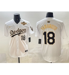 Men Los Angeles Dodgers 18 Yoshinobu Yamamoto White Gold 2025 World Series Patch Limited Stitched Baseball Jersey