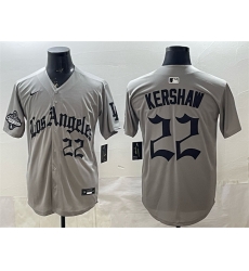 Men Los Angeles Dodgers 22 Clayton Kershaw Grey LA Gothic Style With 2025 World Series Champions Patch Limited Stitched Baseball Jersey