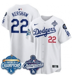 Men Los Angeles Dodgers 22 Clayton Kershaw White 2025 World Series Champions  26 Back to Back Champions With No 34 Patch Limited Stitched Baseball Jersey