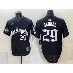 Men Los Angeles Dodgers  29 Tarik Skubal Black LA Gothic Style 2025 World Series Champions Patch Limited Stitched Baseball Jersey