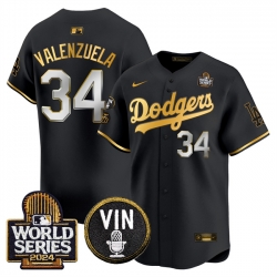 Men Los Angeles Dodgers 34 Toro Valenzuela Black Gold 2024 World Series With Vin  26 Kobe Patch Limited Stitched Baseball Jersey