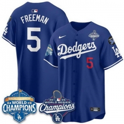 Men Los Angeles Dodgers 5 Freddie Freeman Royal 2025 World Series Champions  26 Back to Back Champions With No 34 Patch Limited Stitched Baseball Jersey