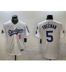 Men Los Angeles Dodgers 5 Freddie Freeman White 2024 World Series Champions With Fernando Memorial Patch Home Limited Stitched Baseball Jersey