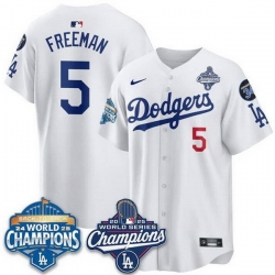 Men Los Angeles Dodgers 5 Freddie Freeman White 2025 World Series Champions  26 Back to Back Champions With No 34 Patch Limited Stitched Baseball Jersey