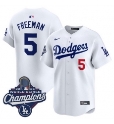 Men Los Angeles Dodgers 5 Freddie Freeman White 2025 World Series Champions Patch Home Limited Stitched Baseball Jersey