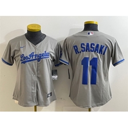 Women Los Angeles Dodgers 11 Roki Sasaki Grey Cool Base Stitched Baseball Jersey  1