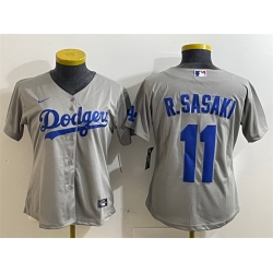 Women Los Angeles Dodgers 11 Roki Sasaki Grey Cool Base Stitched Baseball Jersey 