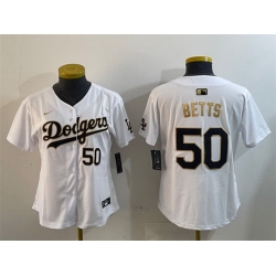 Women Los Angeles Dodgers 50 Mookie Betts White Gold Home Limited Stitched Baseball Jersey 