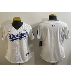 Women Los Angeles Dodgers Blank White 2024 World Series With No  34 Patch Home Limited Stitched Baseball Jersey 