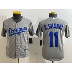 Youth Los Angeles Dodgers 11 Roki Sasaki Grey Cool Base Stitched Baseball Jersey 1