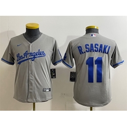 Youth Los Angeles Dodgers 11 Roki Sasaki Grey Cool Base Stitched Baseball Jersey