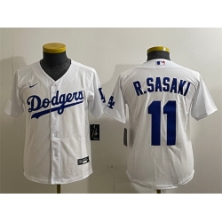 Youth Los Angeles Dodgers 11 Roki Sasaki White Cool Base Stitched Baseball Jersey